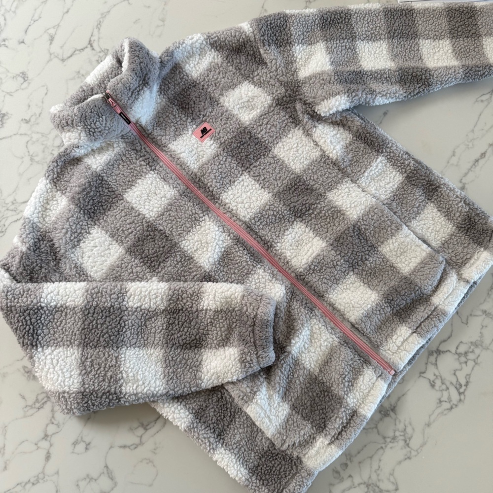 New Balance Plaid Sherpa Full Zip Jacket - Gray / White / Pink - Size XL